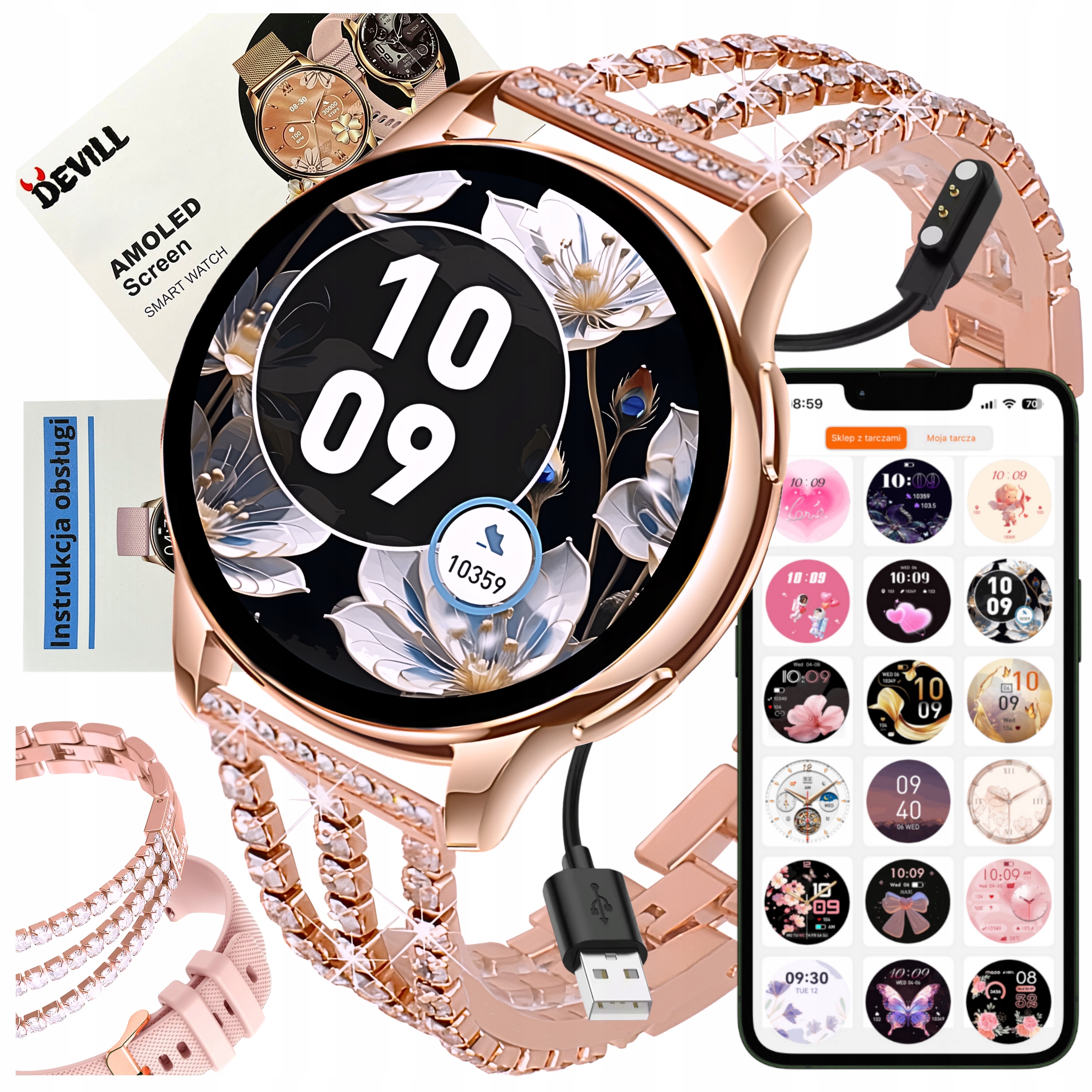 Smartwatch Damski Zegarek Rozmowy Bransoleta Z Cyrkoniami Amoled Puls Kroki