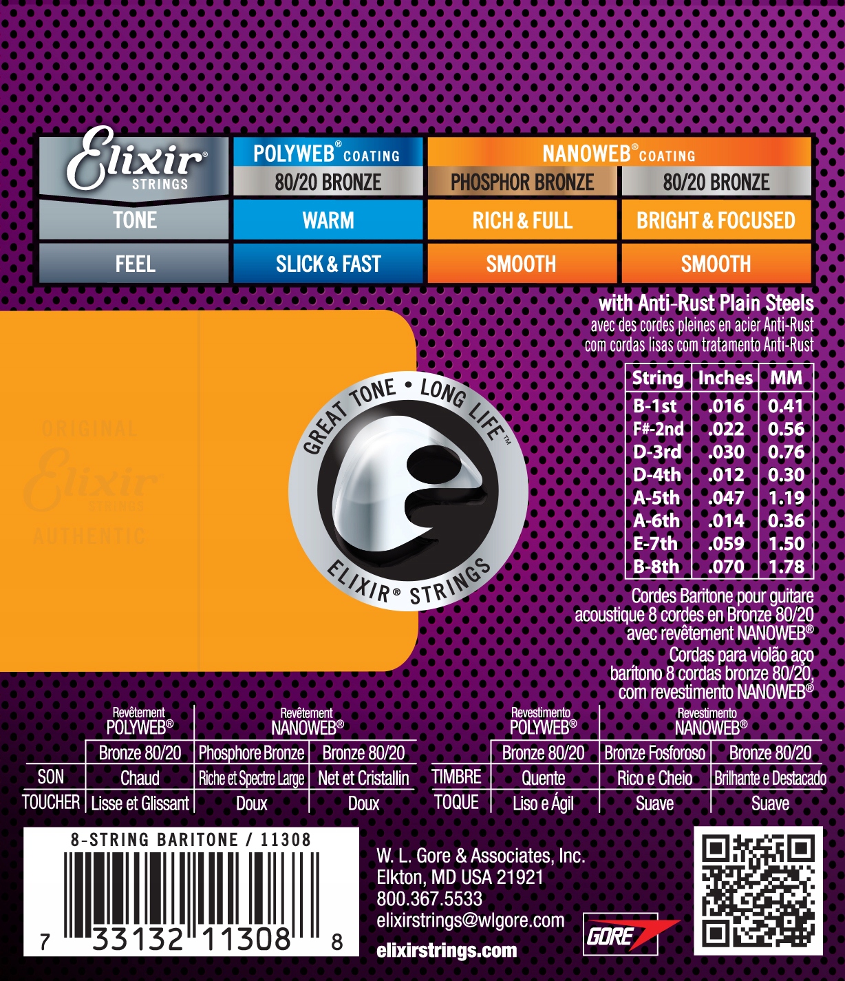 Struny Elixir NanoWeb 80/20 Bronze 8 string 16-70 EAN (GTIN) 733132113088