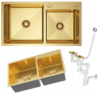 Dvojkomorový drez z ocele, zlatý, drez do kuchyne 78x45 cm, sifón