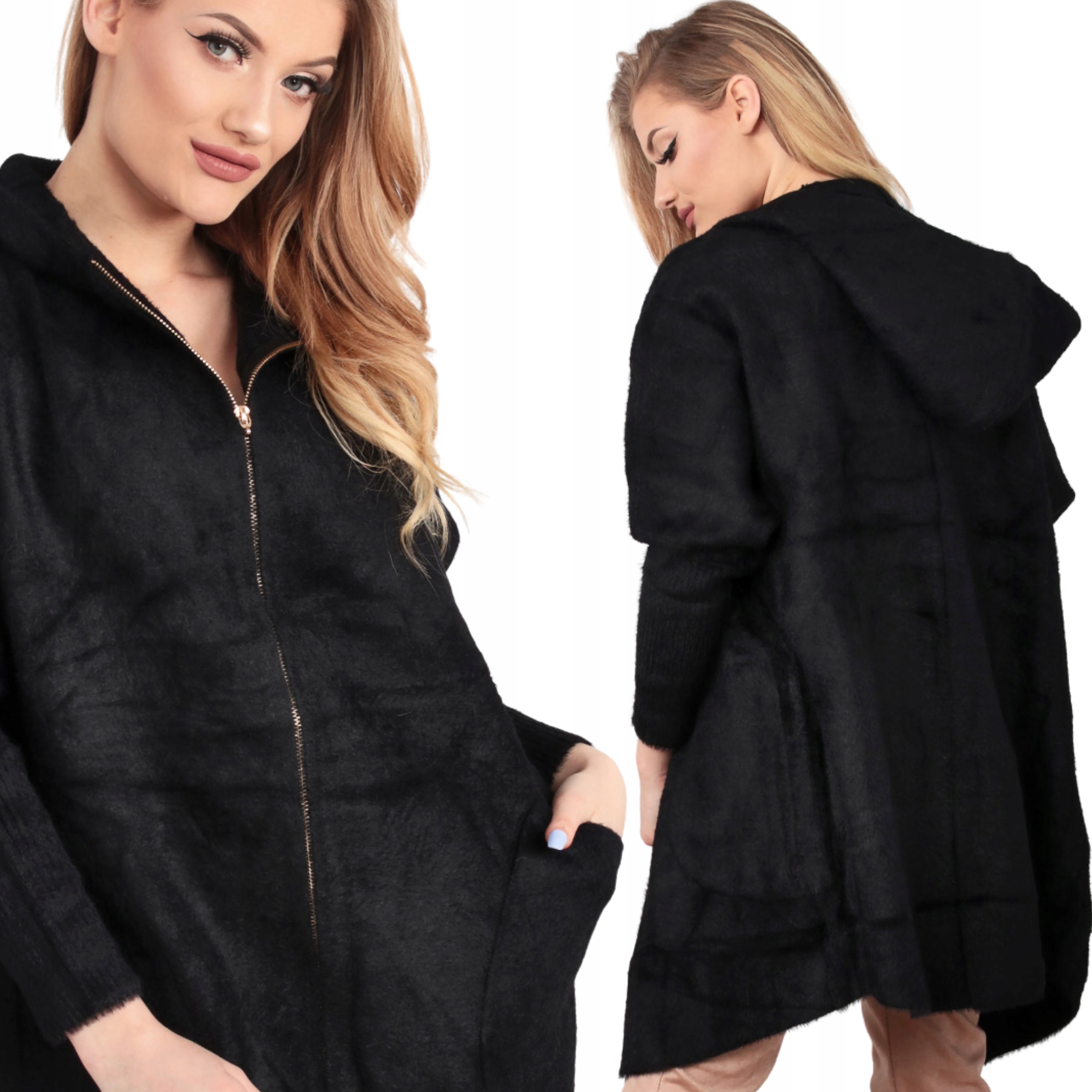 Alpaka Damska Płaszcz Kurtka Sweter Ciepła Długa Kaptur Suwak Czarny 2022