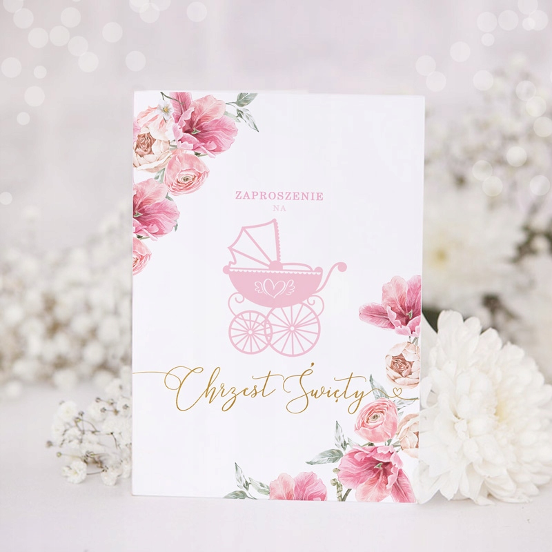 ZAPROSZENIA na chrzest św. Różowy Wózek 10 szt Kolor dominujący biały