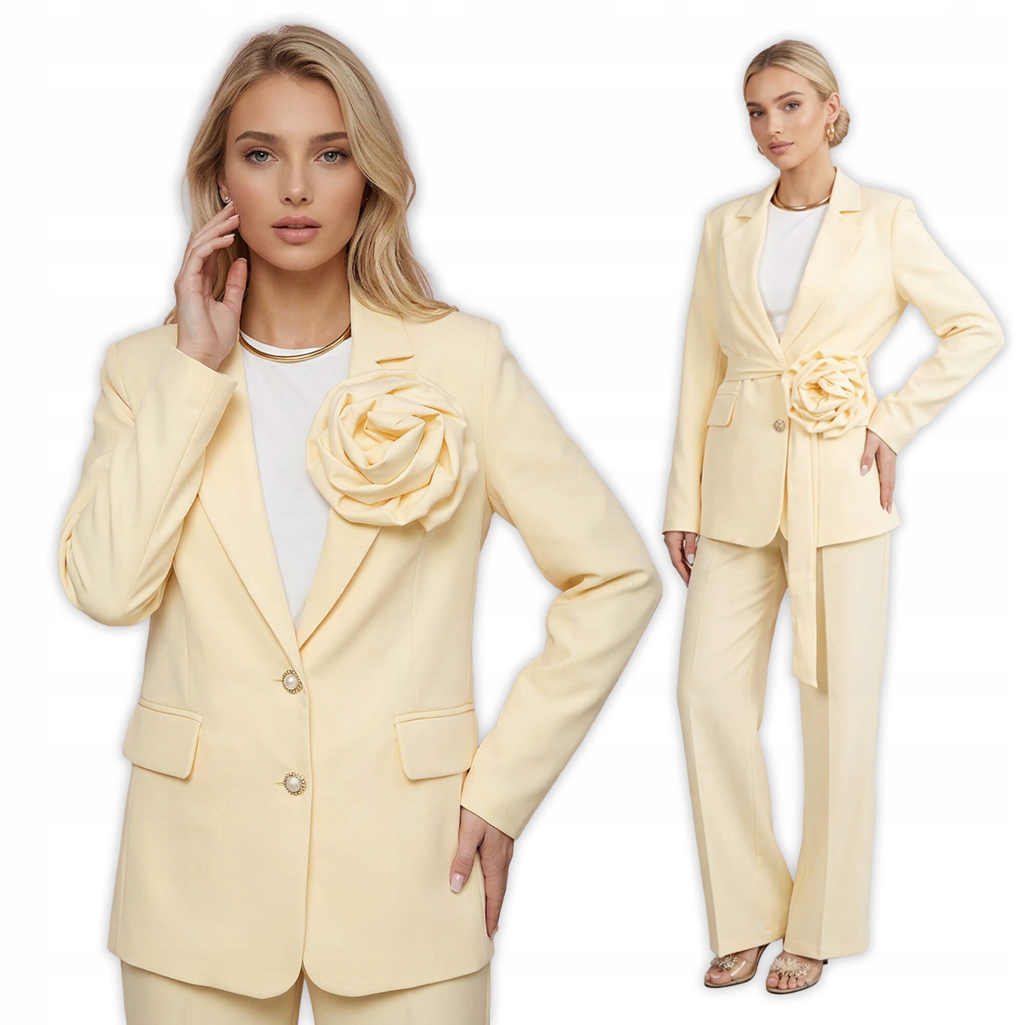 Elegantní sako s páskem a ozdobnou růží Žlutá 40