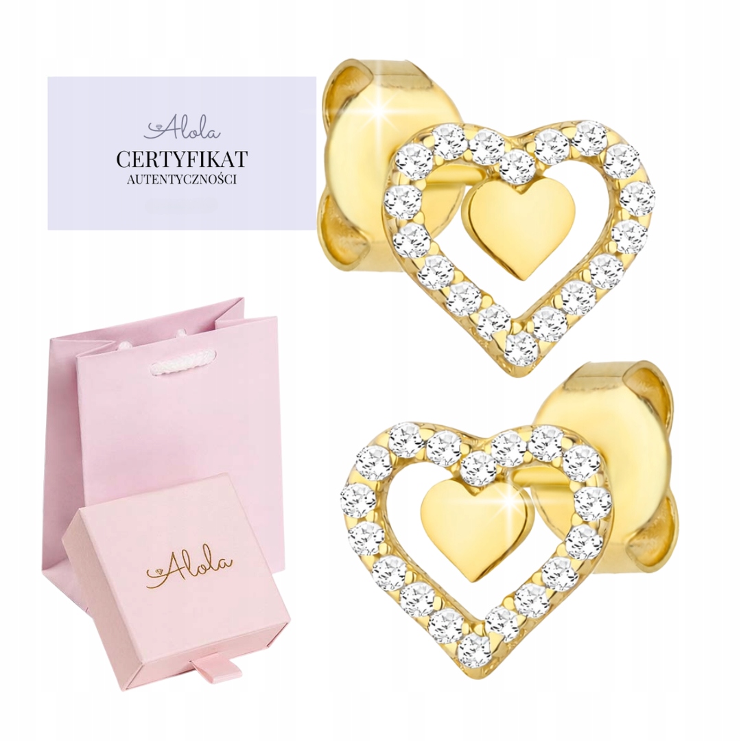 Kolczyki złote podwójne serduszko z cyrkoniami próba 585 Komunia Chrzest