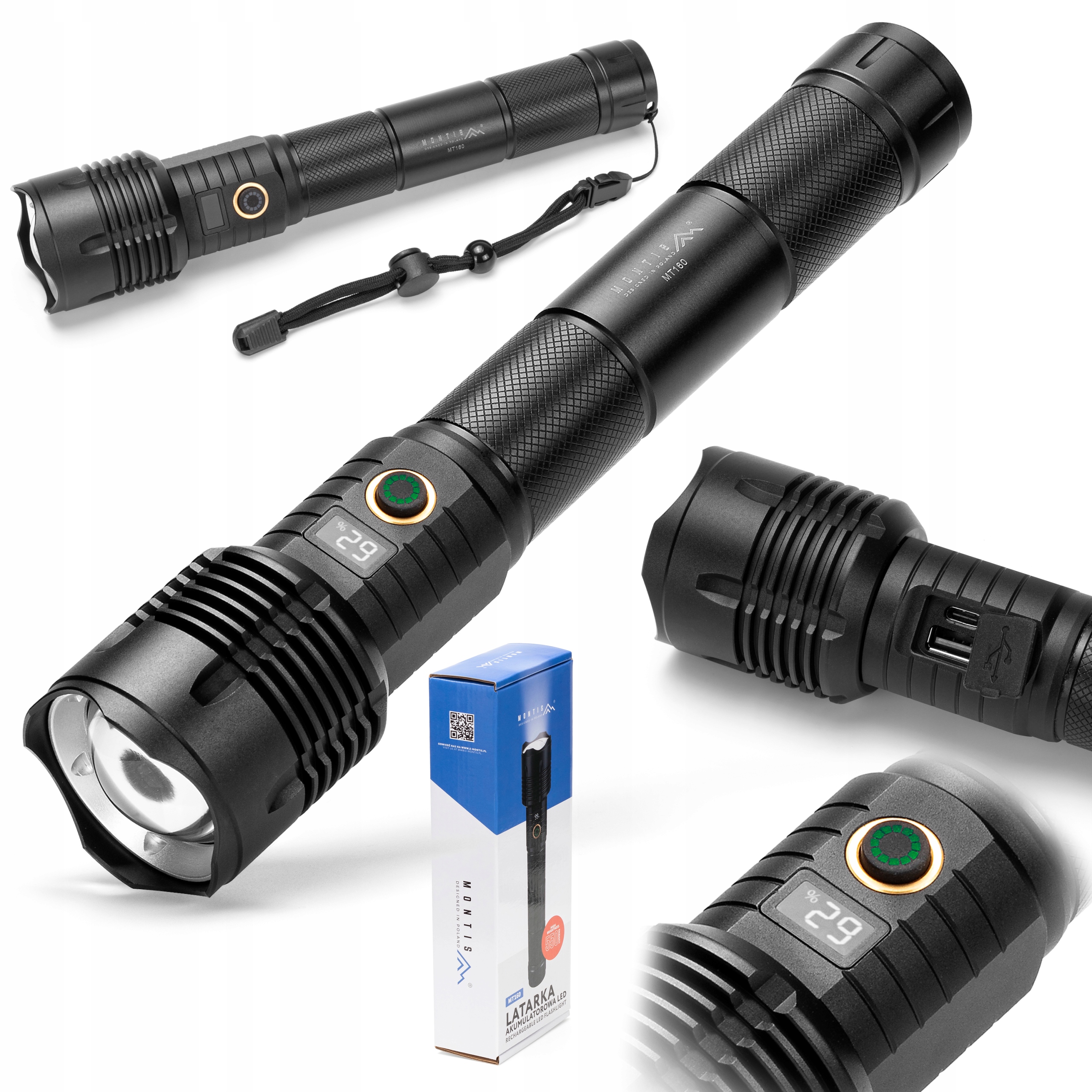 Latarka Taktyczna Akumulatorowa Led Alu 6000mAh 550lm IPX4 Zoom MT160