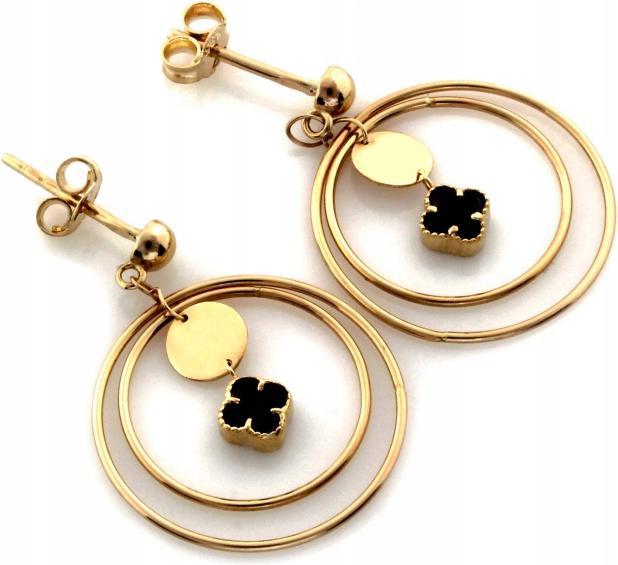 Náušnice zlaté 585 závěsná dvě kolečka s černým kvítkem jako dárek 14k
