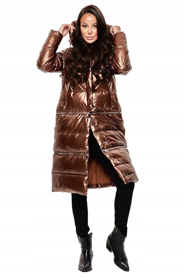 Lesklá Bunda Kapuce OMDL-009 Měď L (40)