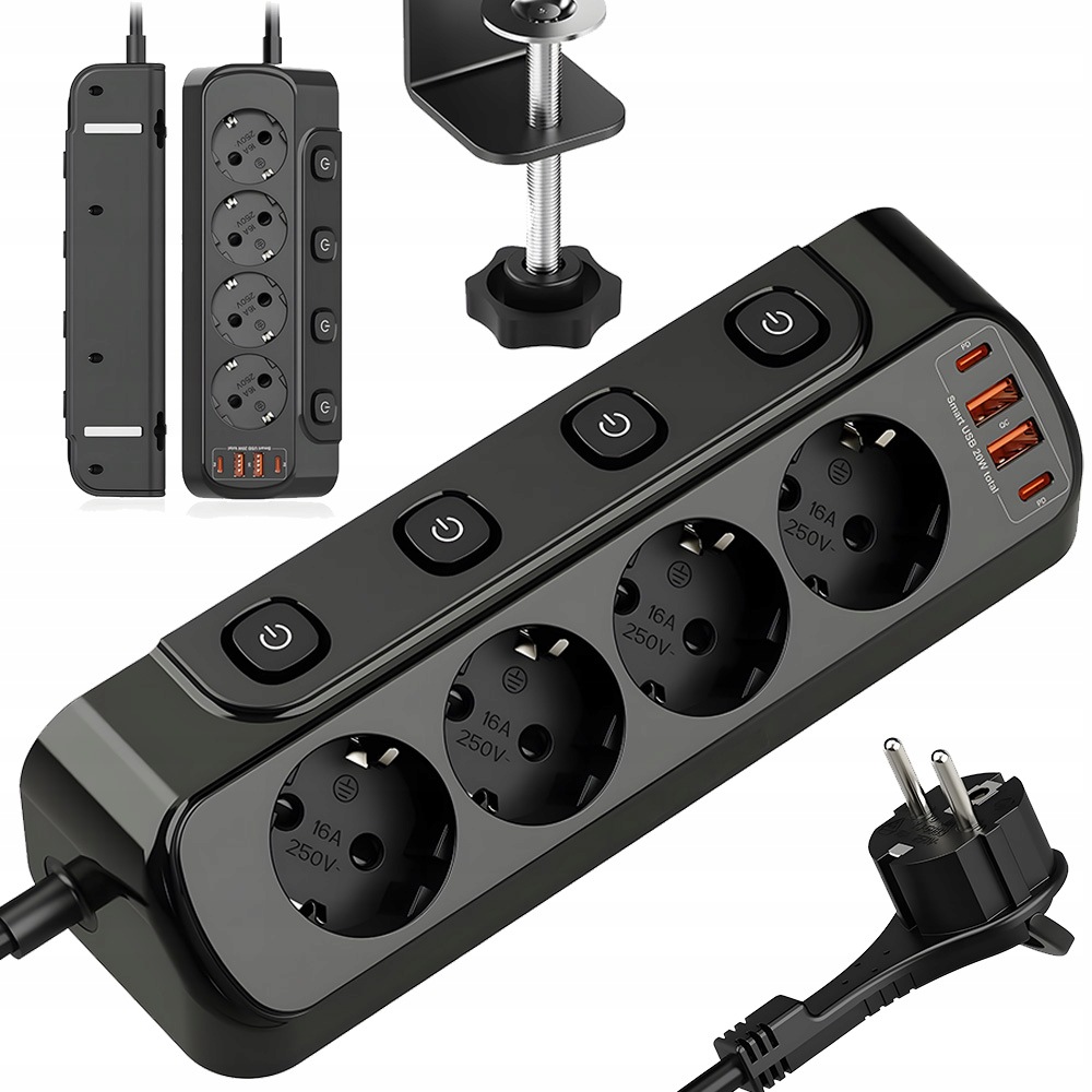 Zásuvková Lišta 4 Zásuvky 4 Usb S Přepínačem Černá 2M Kabely 16A
