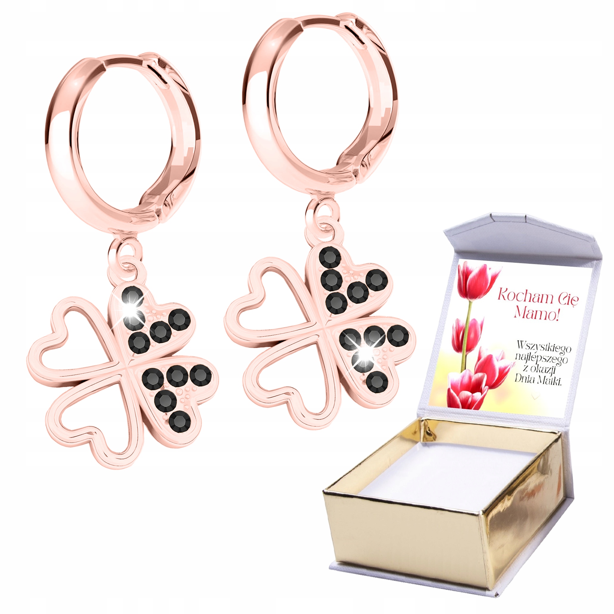 Náušnice Čtyřlístek čtyřlístku z 18k zlata s potiskem květin z černého Zirkony