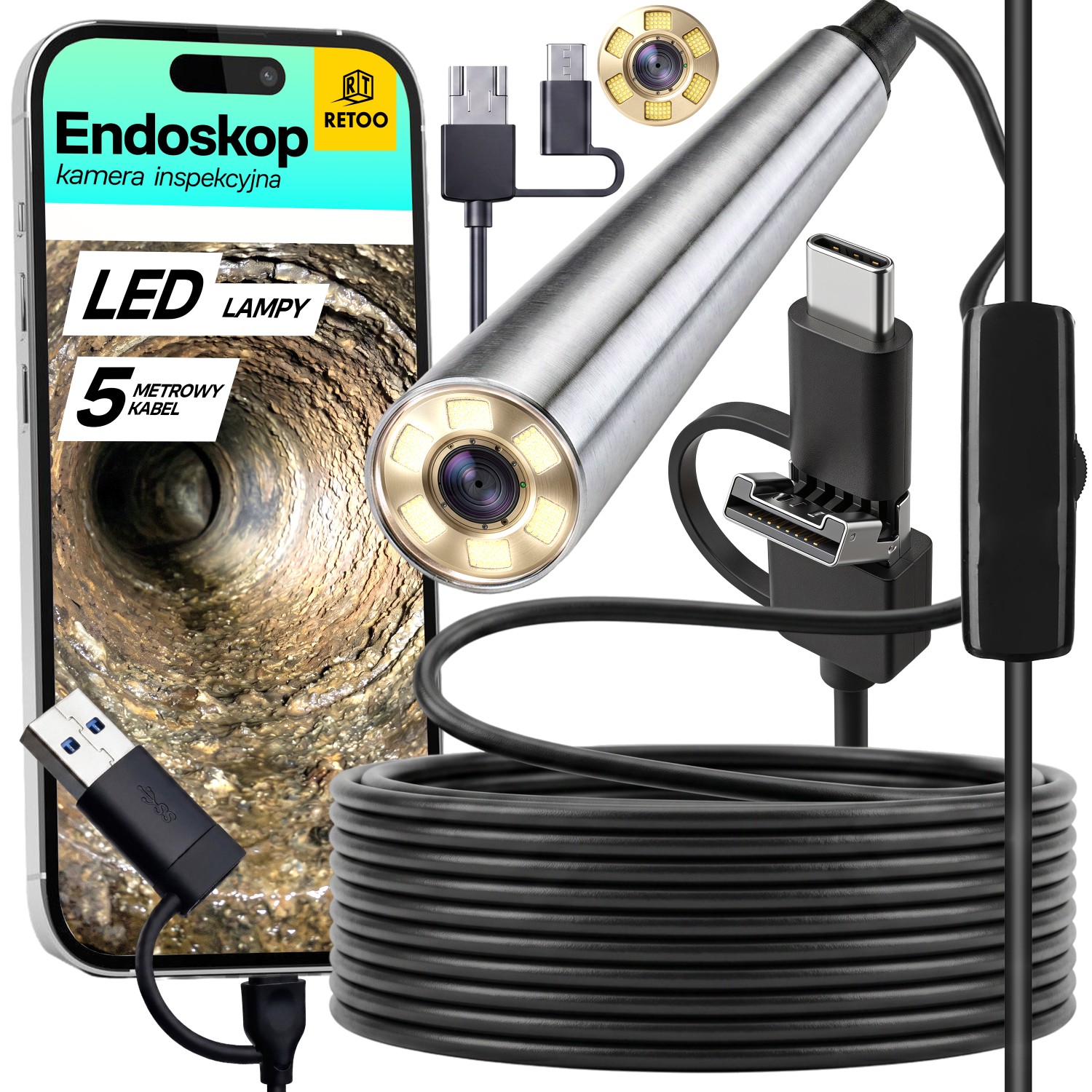 Endoskop Kamera Inspekcyjna 3,9mm 5 m Usb-c Do Telefonu Led Android Ios
