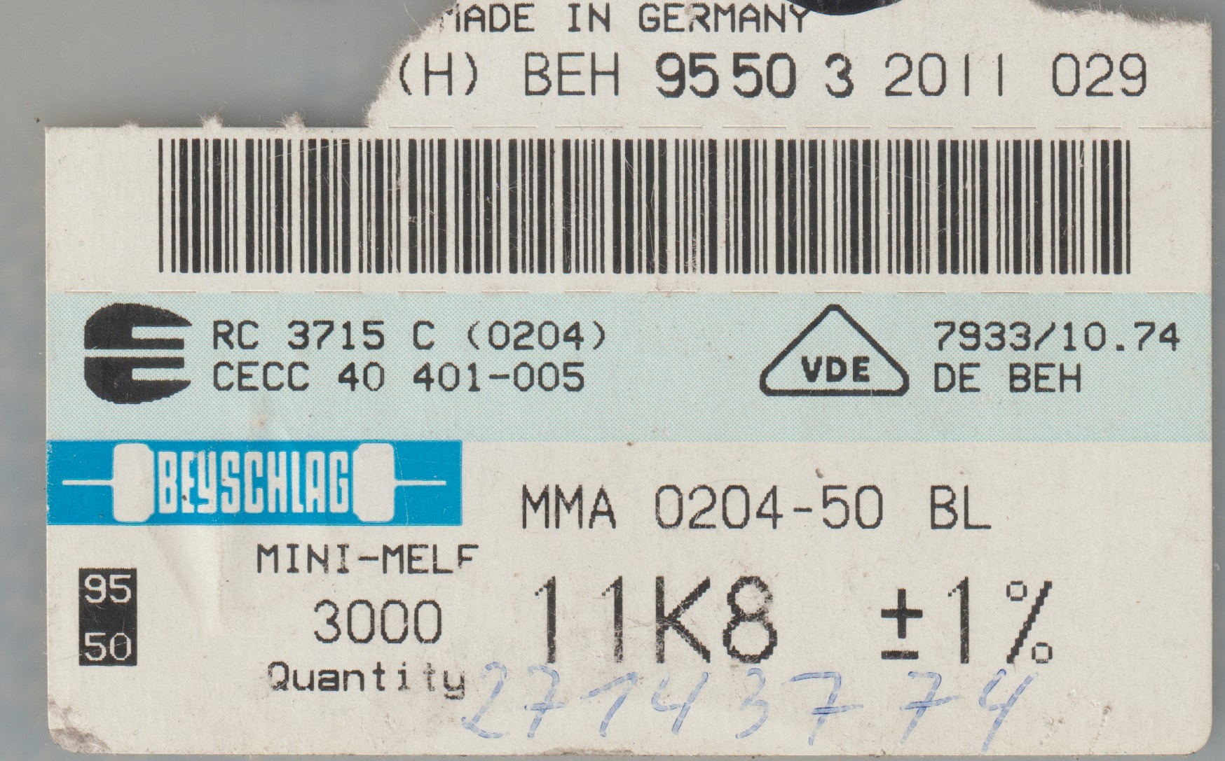 [100szt] 11K8 1% 50ppm rezystor Smd minimelf MMA0204 Beyschlag low noise