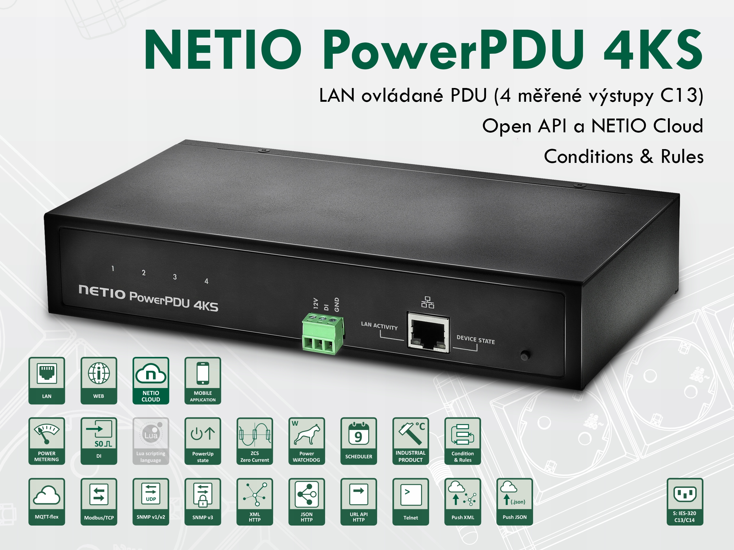 Netio PowerPDU 4KS Eu 4xIEC320 C13, měření el.hodnot, 1xLAN, seriál, Scz,…