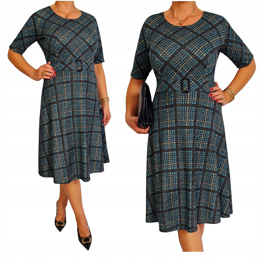 Sukienka kloszowa krata wyszczuplająca 42 44 46 48 50 52 54 56