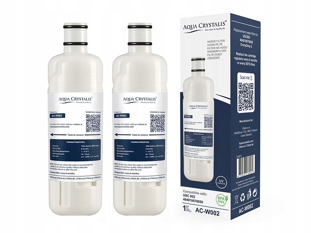 2x Aqua Crystalis filtr AC-W002 pro lednice Whirlpool (Náhrada USC002)