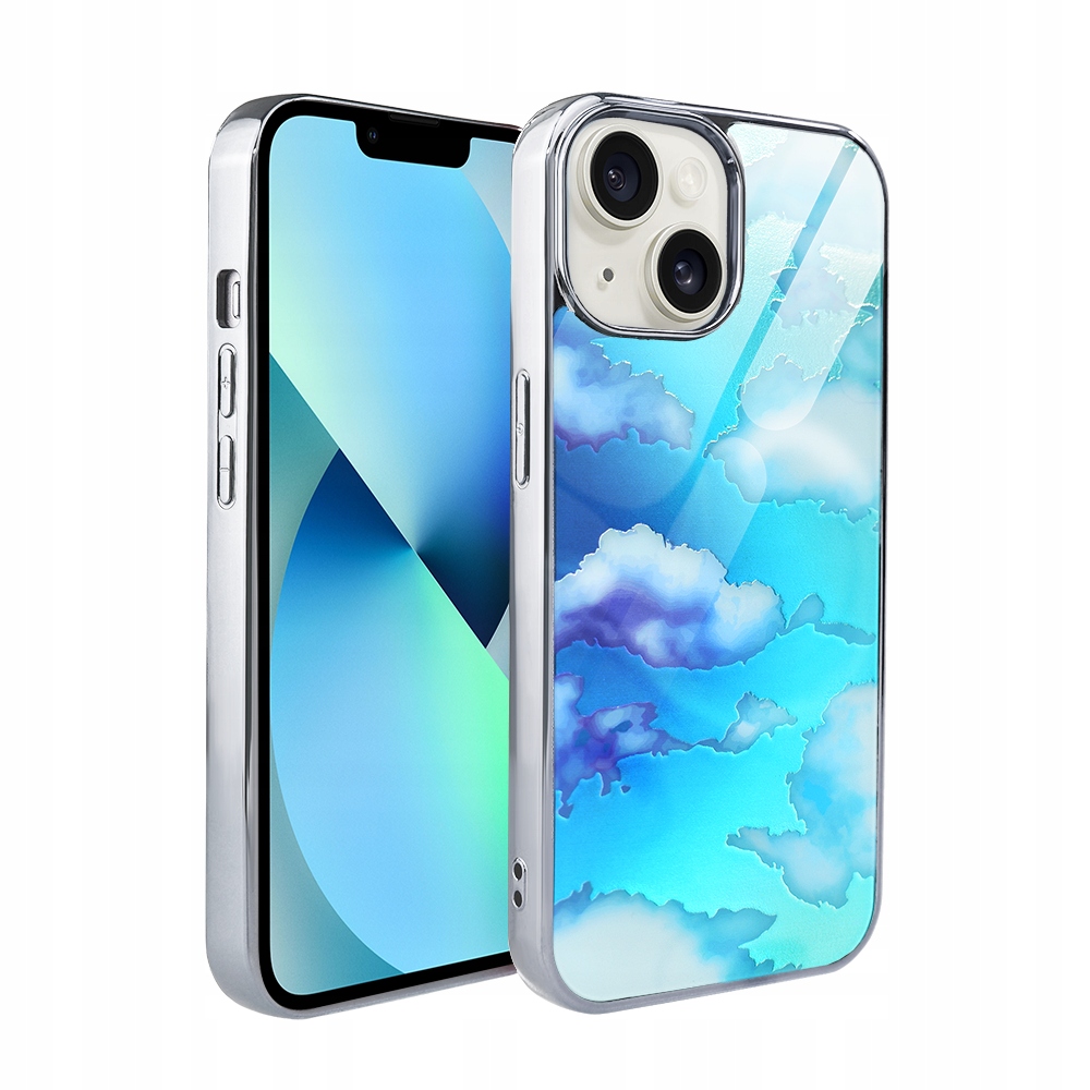 Pouzdro pro iPhone 13 Ibizu Elite Glass, skleněná zadní strana, obláčky, stříbrné