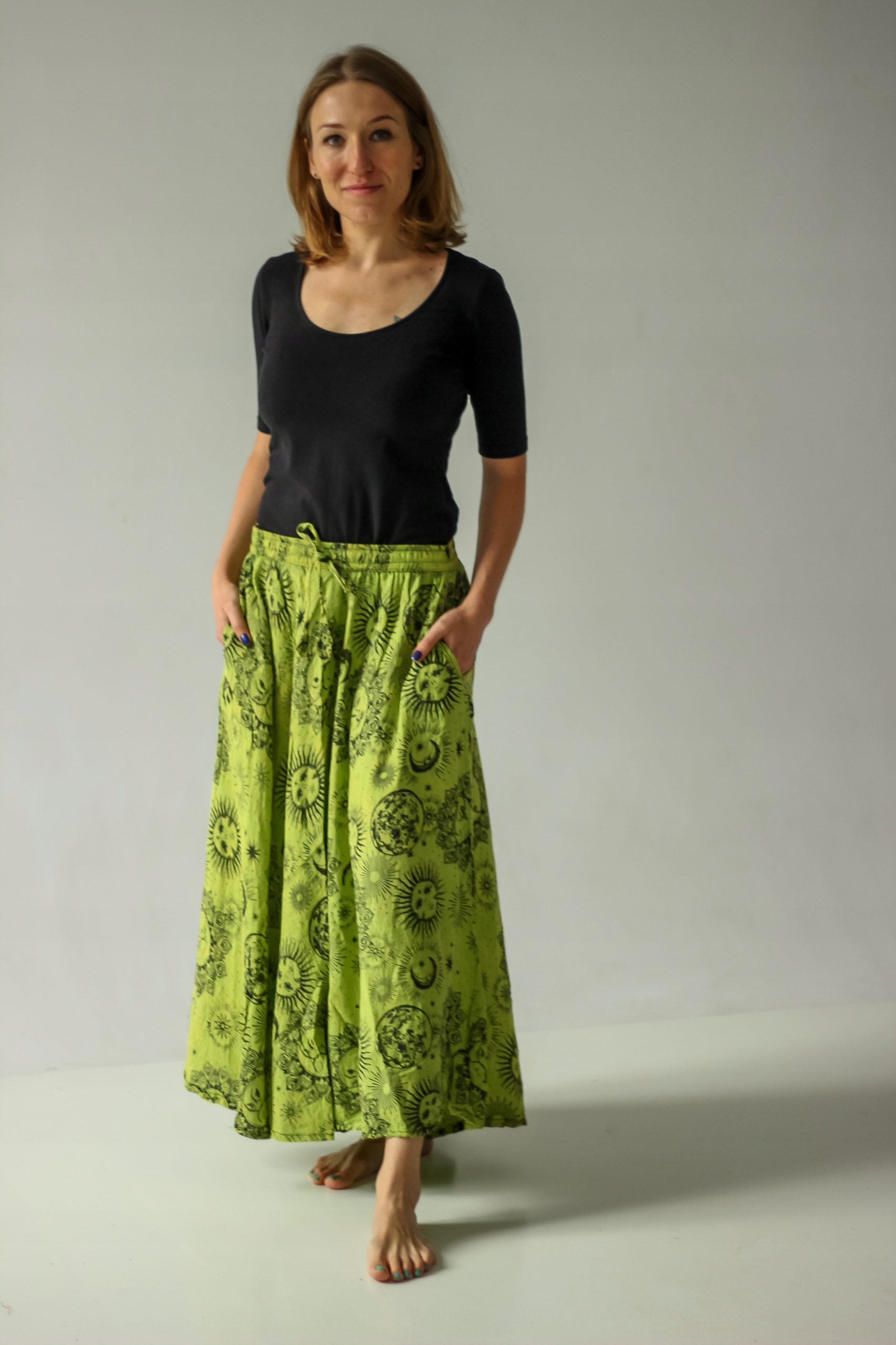 Zelená dlouhá maxi sukně na kruhu slunce a měsíc hippie boho Bavlna