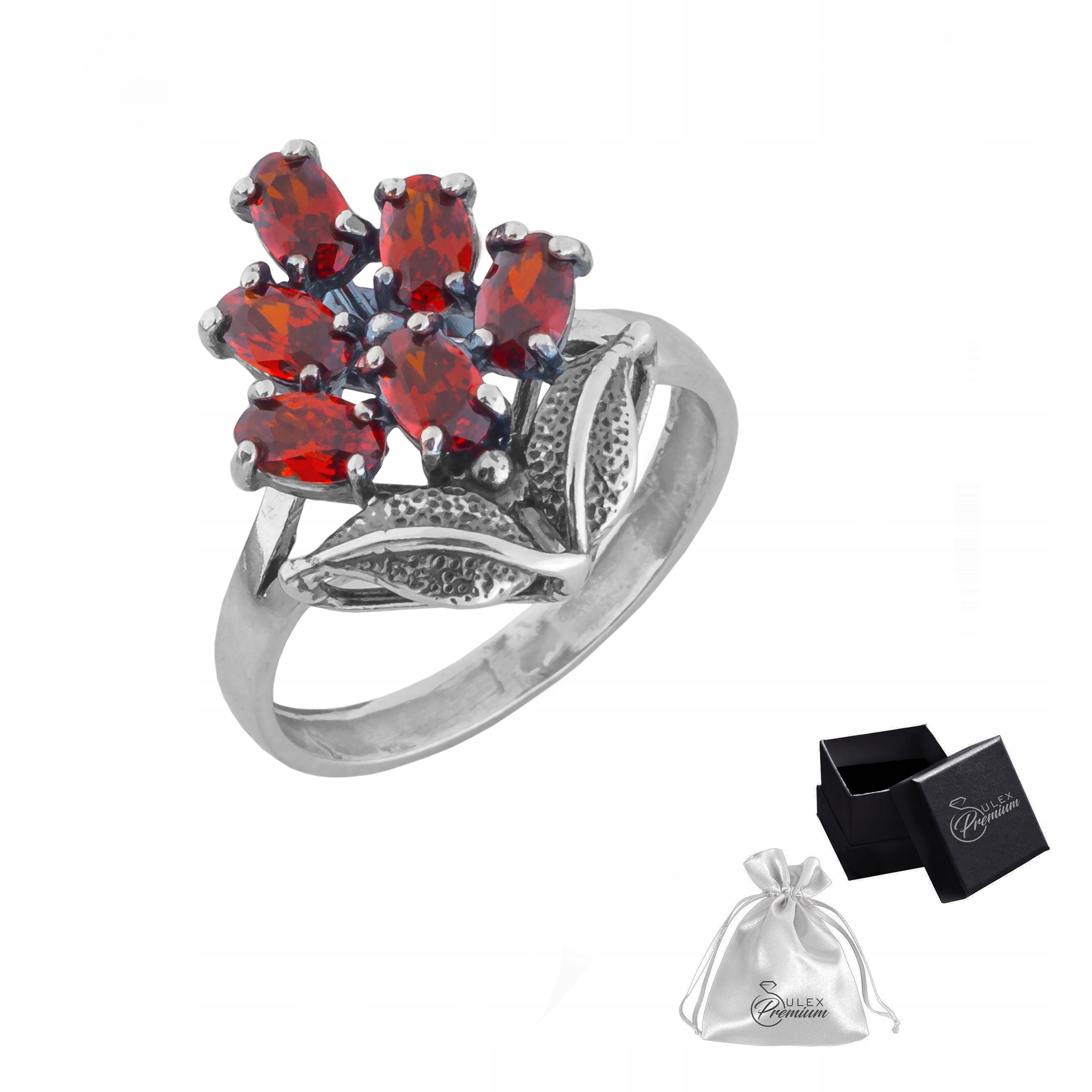 Elegantní Prstýnek ze stříbra ryzost 925 s květinovým vzorem a granátem a kubickým zirkonem vel. 23