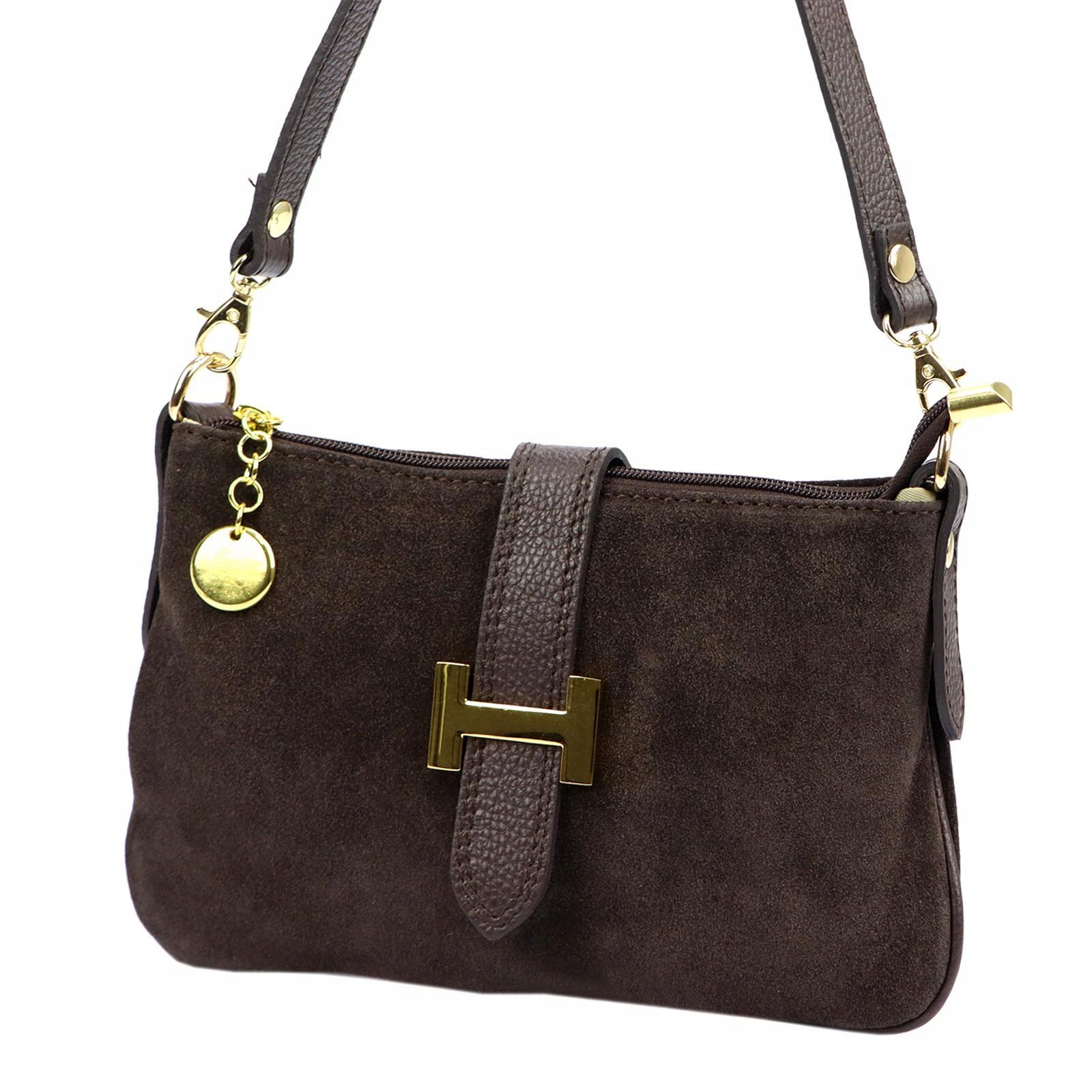 Torebka skórzana zamszowa mała damska Gold Luka czekolada ciemny brąz