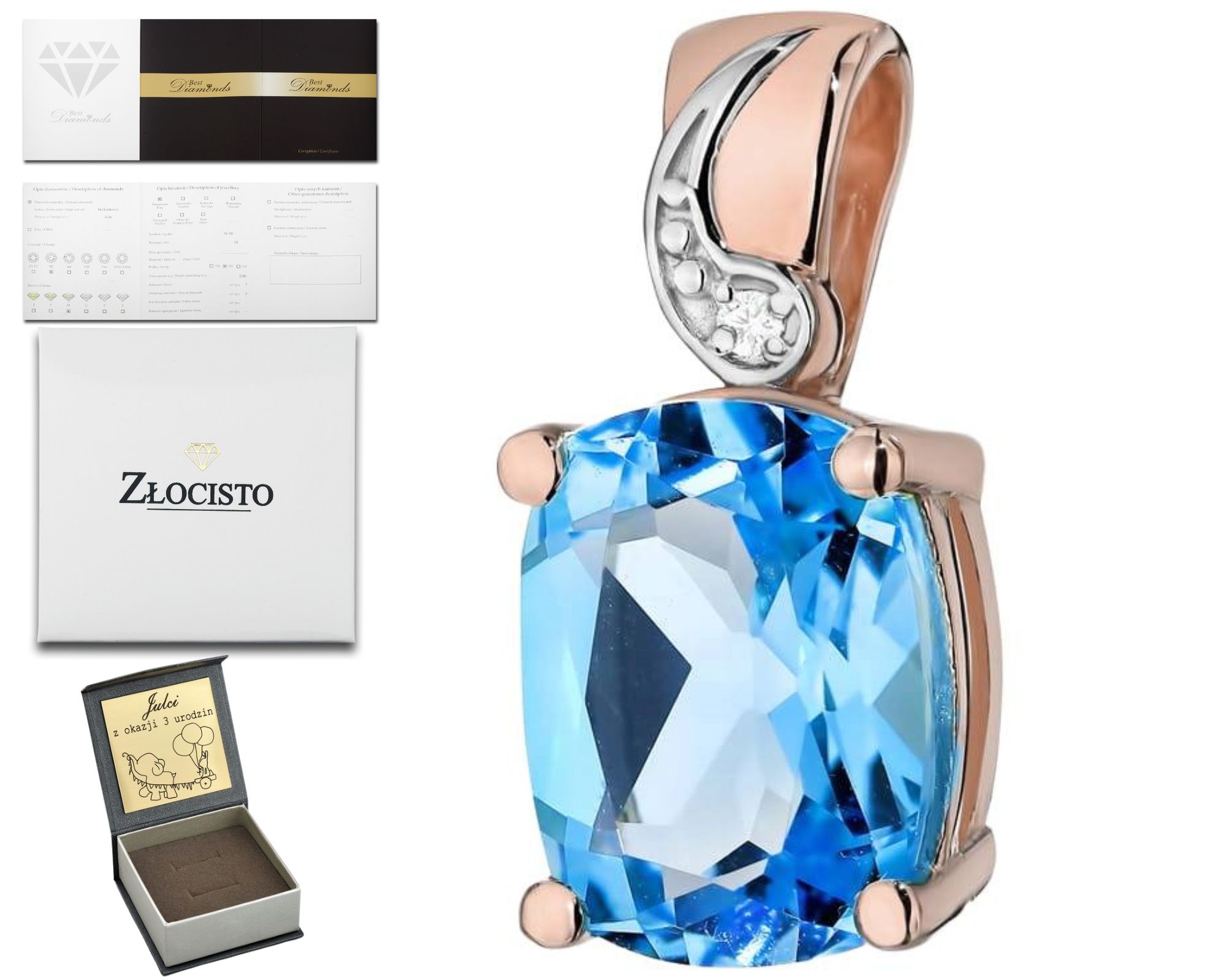 Růžové Zlato Přívěsek S Přírodním Kamenem Modrý Briliantový Topaz 585 Pr