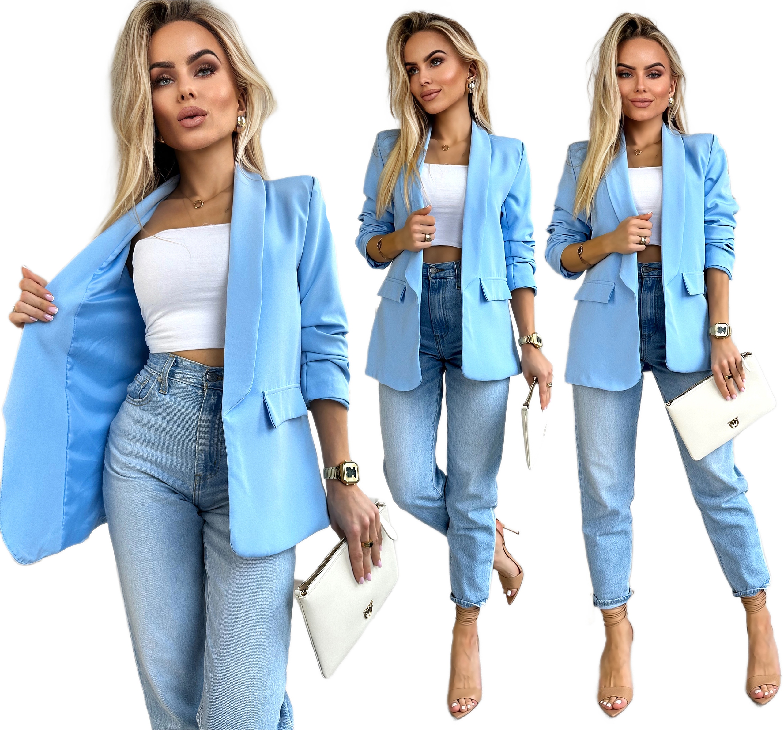 Baby blue Marynarka Damska Żakiet drapowane rękawy podszewka L