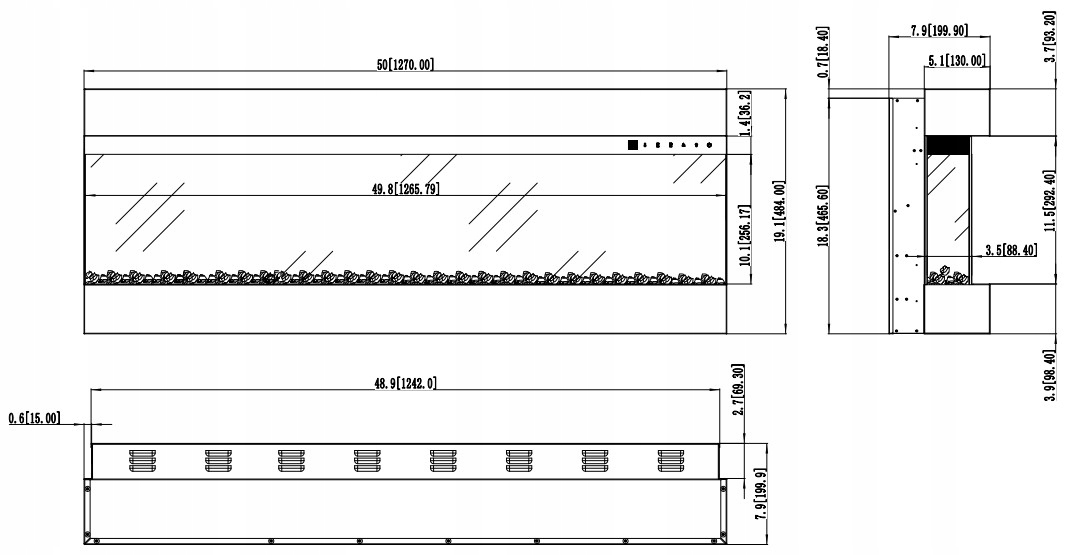 AFLAMO IMPERIAL 50 KOMINEK LED 127 CM TRÓJSTRONNY DO ZABUDOWY ZAWIESZENIA Rodzaj z funkcją grzewczą