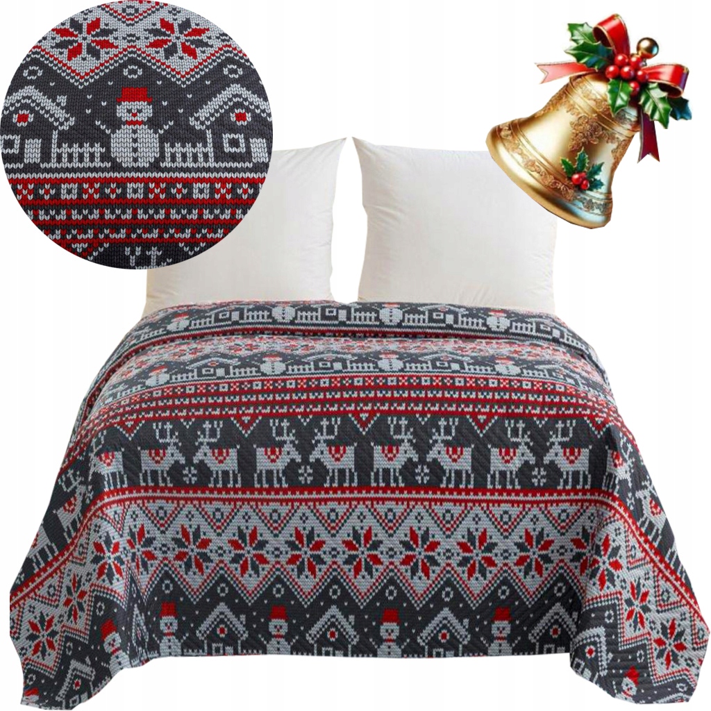 Vánoční přehoz na postel 220 x 200 cm, prošívaný, vánoční vzory
