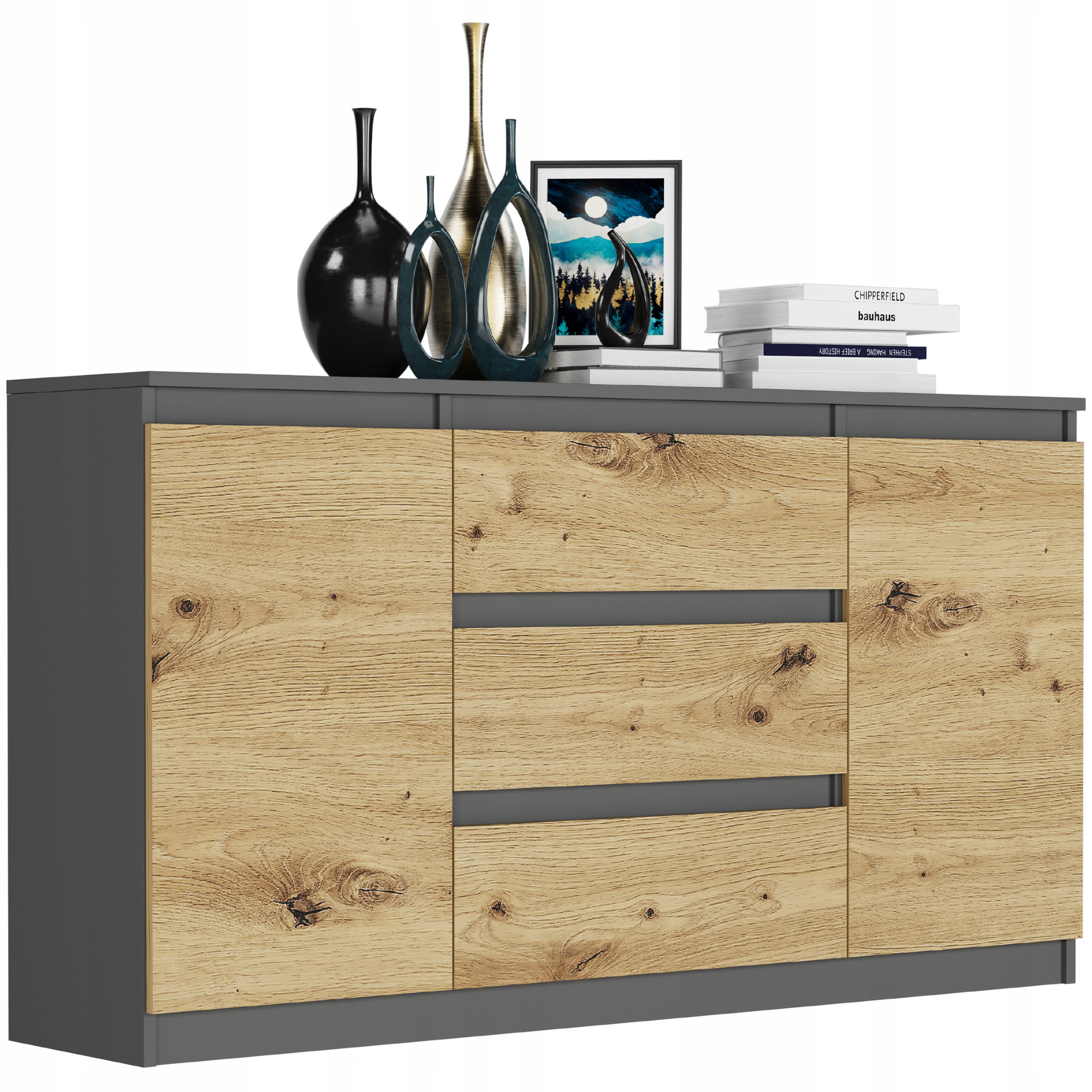 KOMODA 140 SZAFKA 3 SZUFLADY 2 PÓŁKI R-140-S3 ANTRACYT MIX ARTISAN