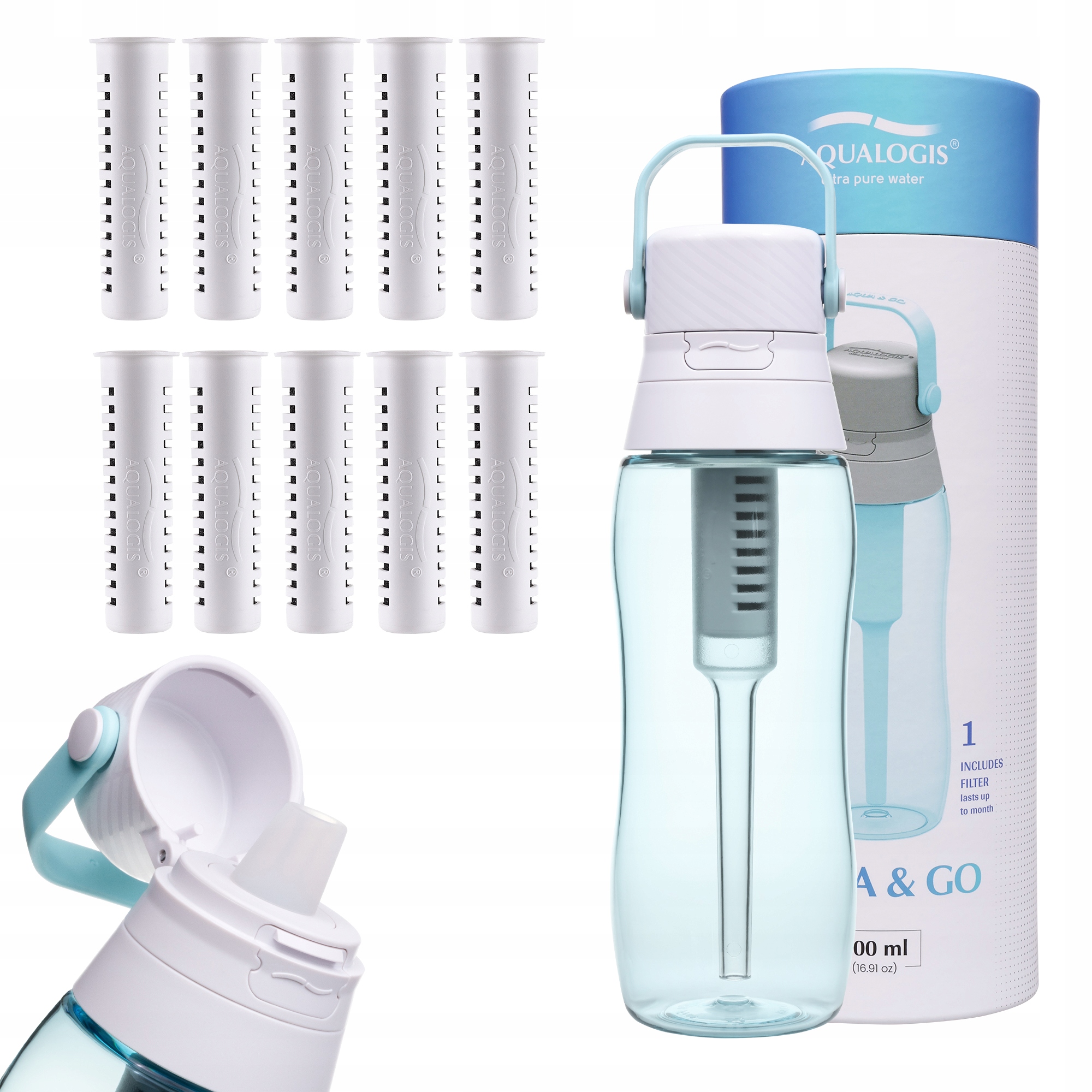 Filtrační láhev Aqualogis Aqua&Go 0,5 l modrá 10 náplní
