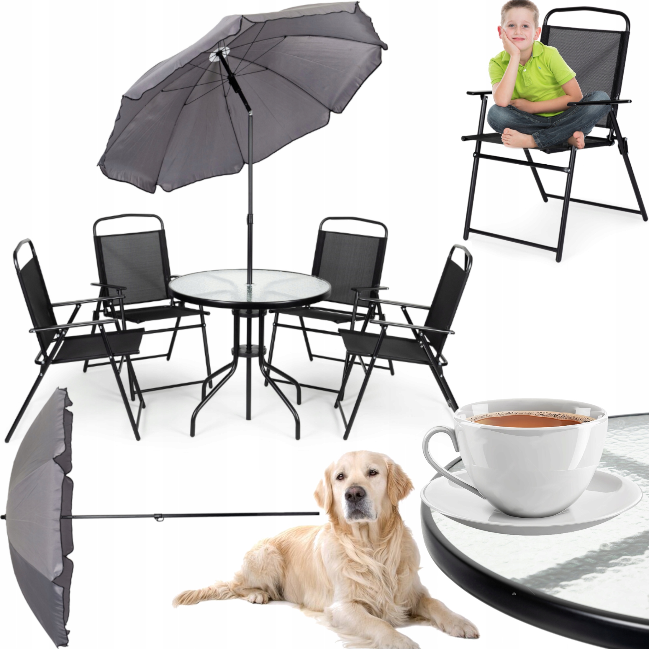 Zestaw Mebli Ogrodowych Krzesła Stół Parasol Solidne Wodoodporne 4-OSOBOWY
