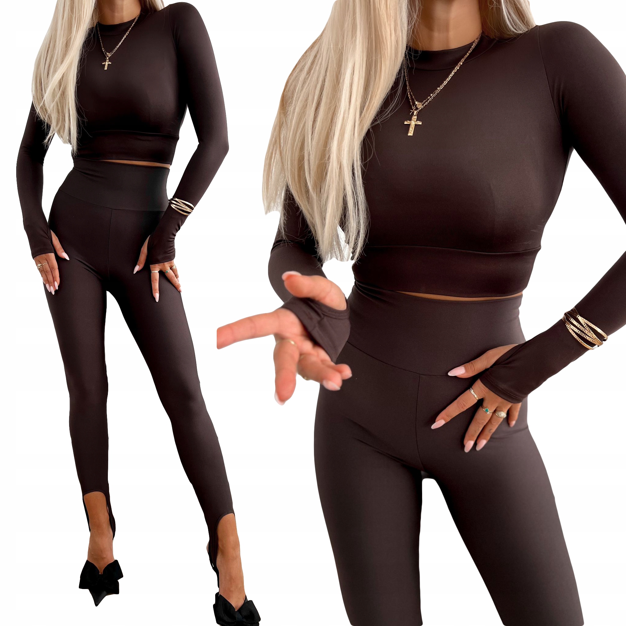 Komplet sportowy damski bluzka z rozcięciami legginsy Czekoladowy S