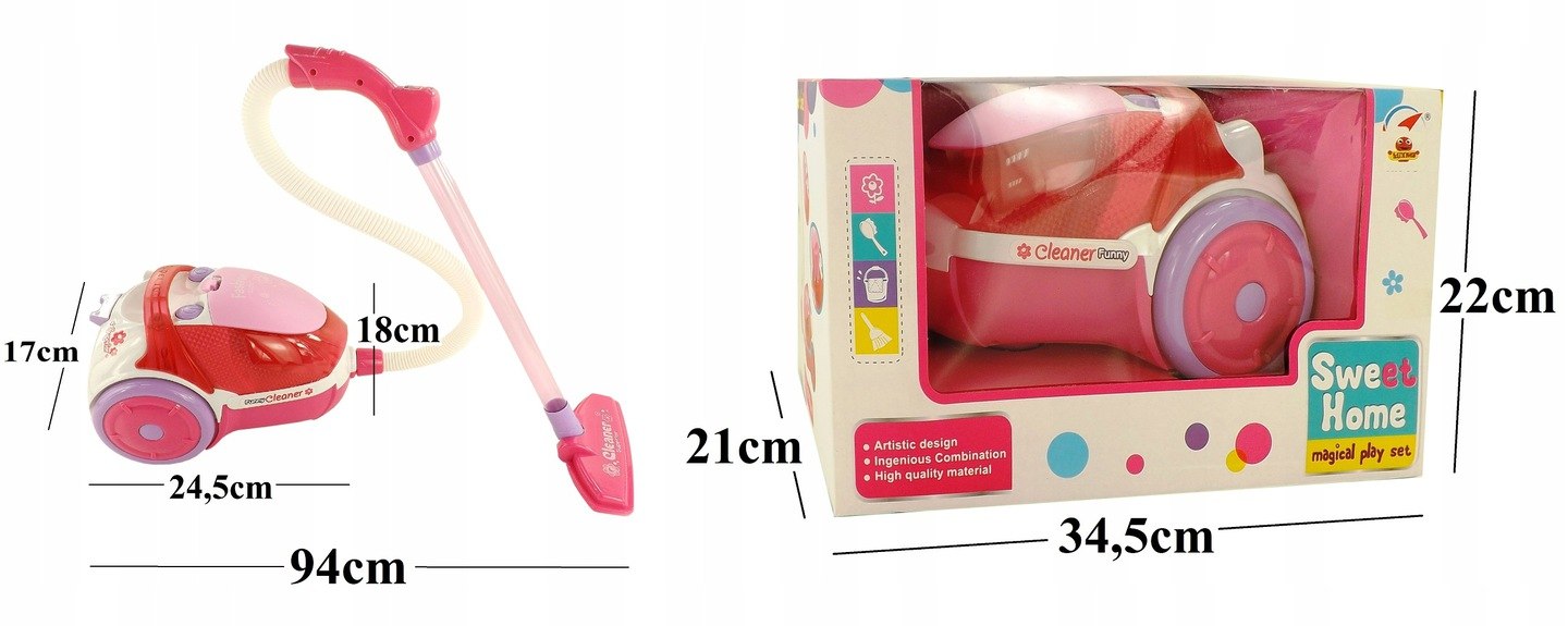 DUŻY ODKURZACZ DLA DZIECI NA BATERIE WCIĄGA KULECZKI RUCHOME KOŁA Wysokość produktu 24.5 cm