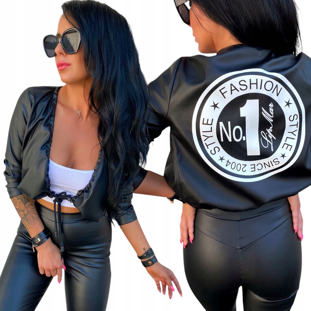 Černá dámská krátká bunda s potiskem, sportovní přehoz z eko kůže, velikost XL 42