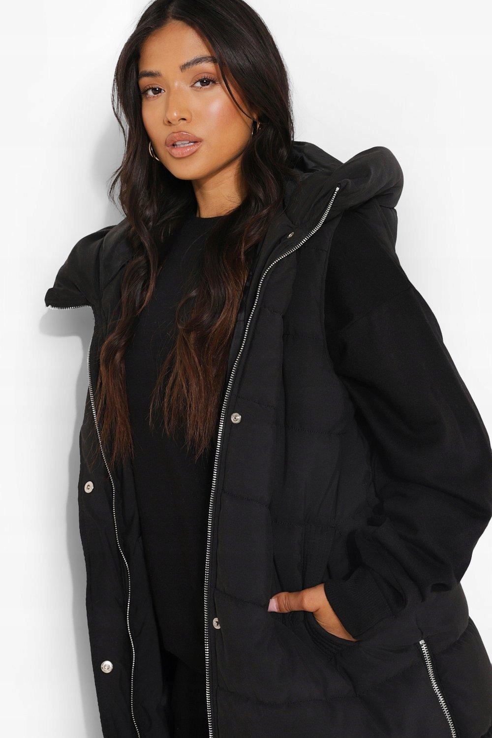 KAMIZELKA PIKOWANA CZARNA OCIEPLANA BEZRĘKAWNIK Z KAPTUREM BOOHOO M Rozmiar M