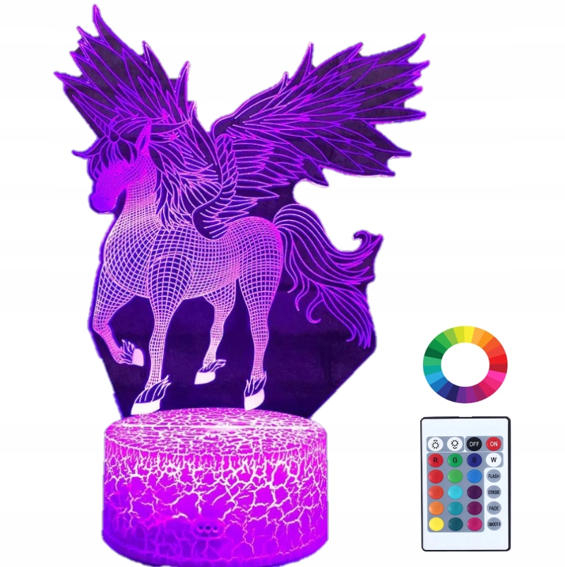 

Lampka Nocna Led 3D Jednorożec Pegaz Grawer Pilot