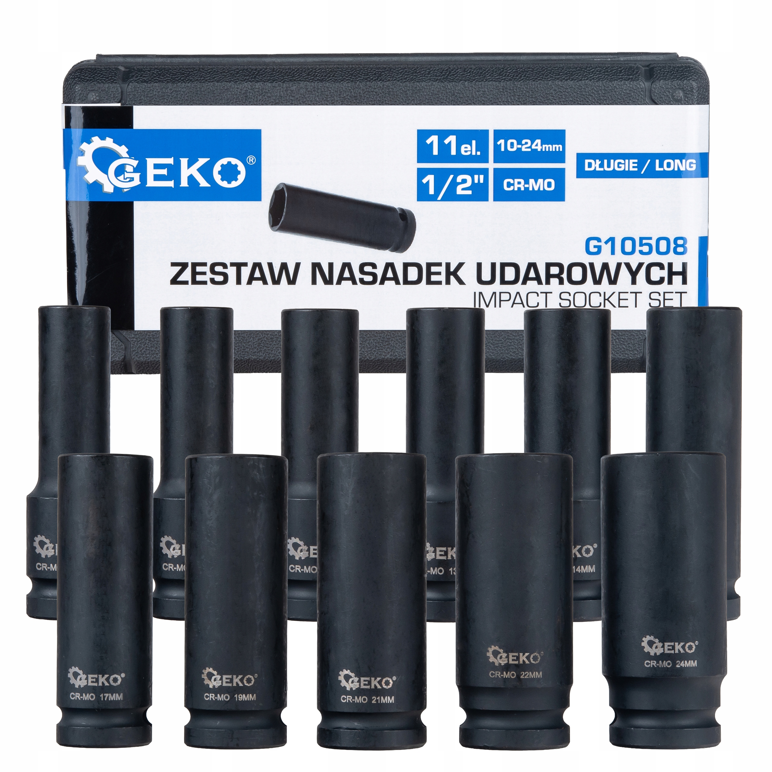 Zestaw Długich Nasadek Udarowych Długie Cr-mo 1/2" 10-24MM 11 El. 6-KĄTNE