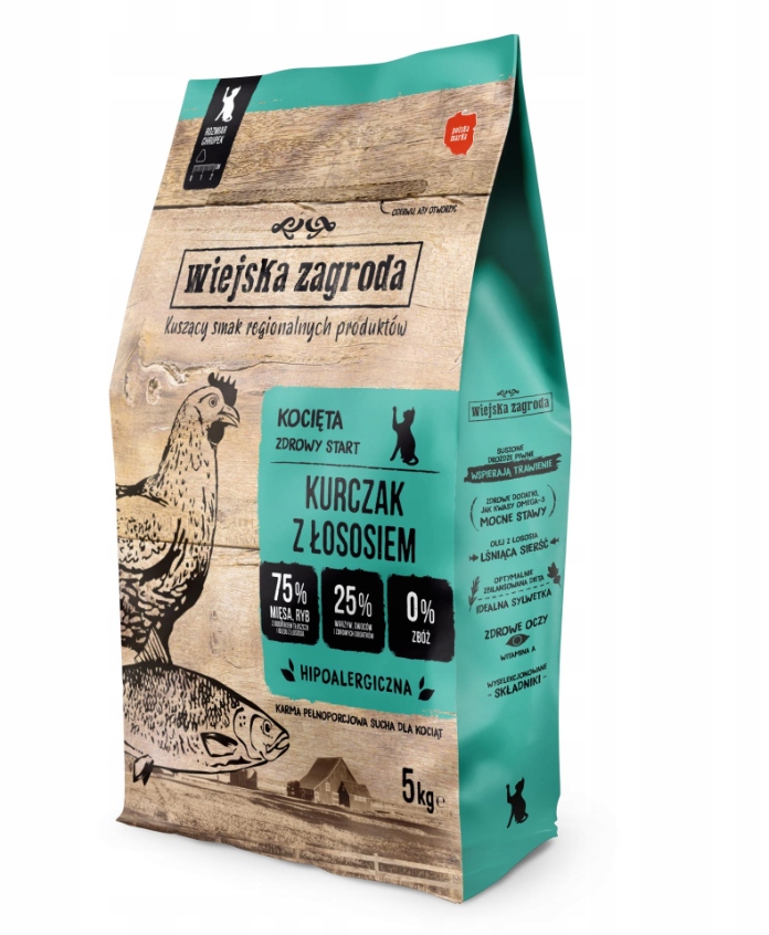 Levně Wiejska Zagroda Sušené kuřecí a lososové pro koťata 5 kg