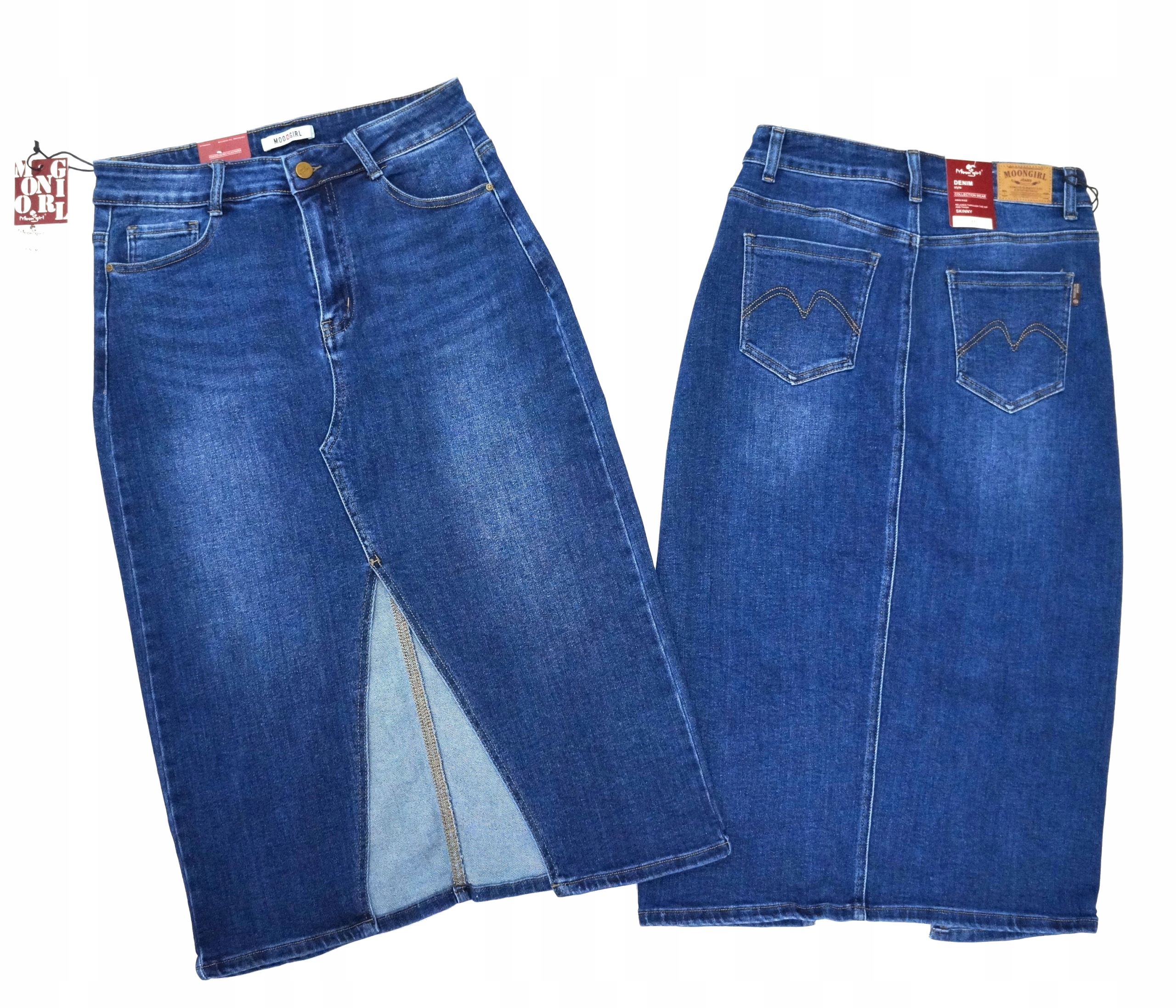 SPÓDNICA JEANSOWA WYSZCZUPLAJĄCA ELASTYCZNA MODNA WYGODNA LOGOWANA MIDI Marka M.Sara