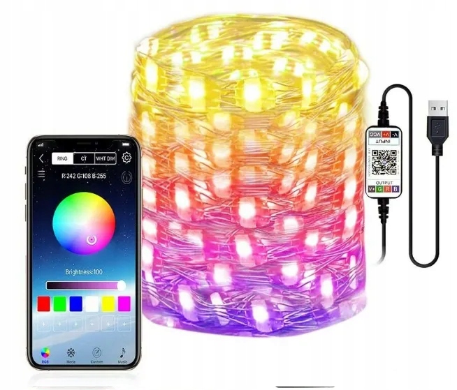 LAMPKI DRUCIKI KOLOROWE 10m ZEW/WEW NA PRĄD 8 FUNKCJI Aplikacja na Telefon Kod producenta 69582314589754282