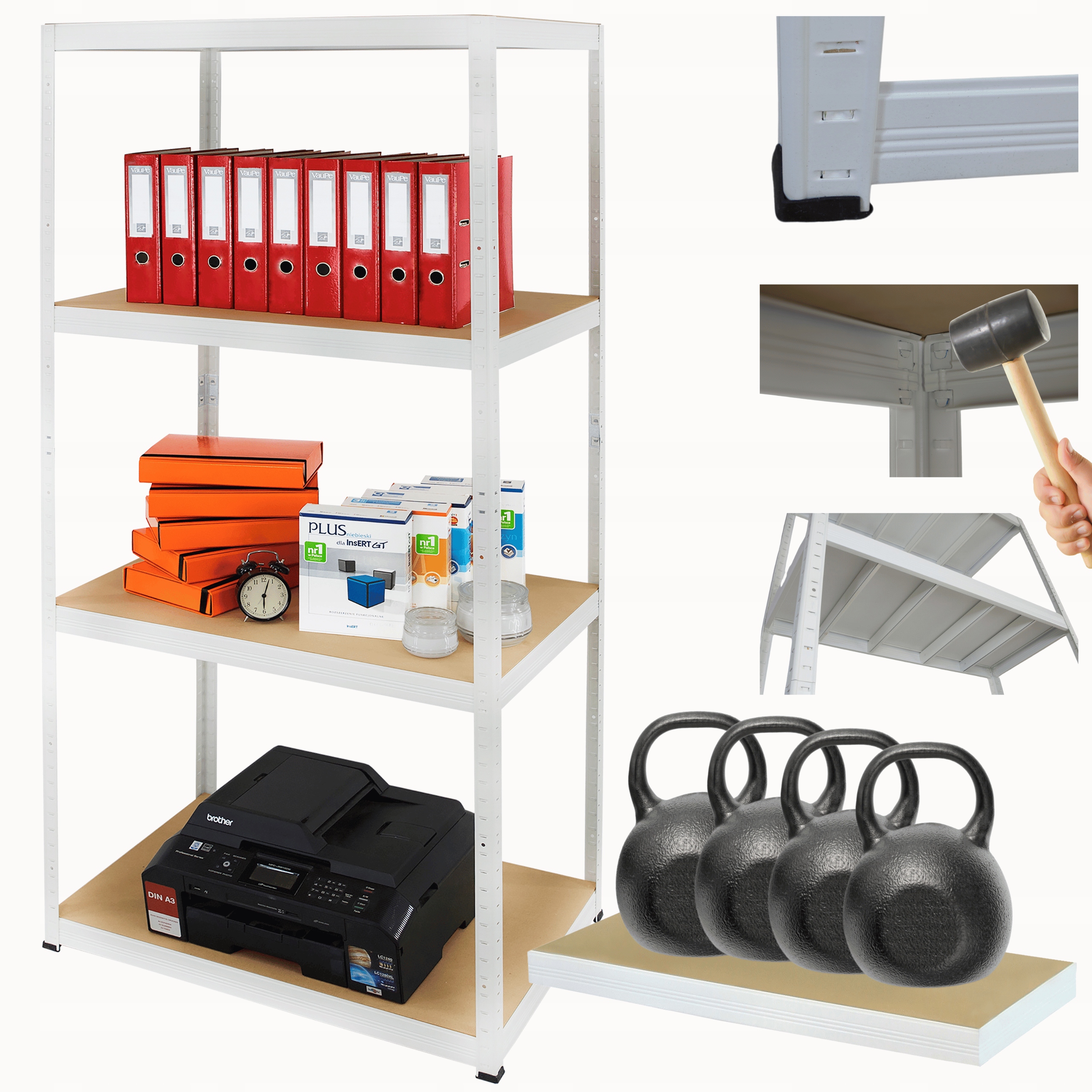 Kovový skladovací regál garážový stojan Helios 180x75x45 cm 4Px400 kg Biely