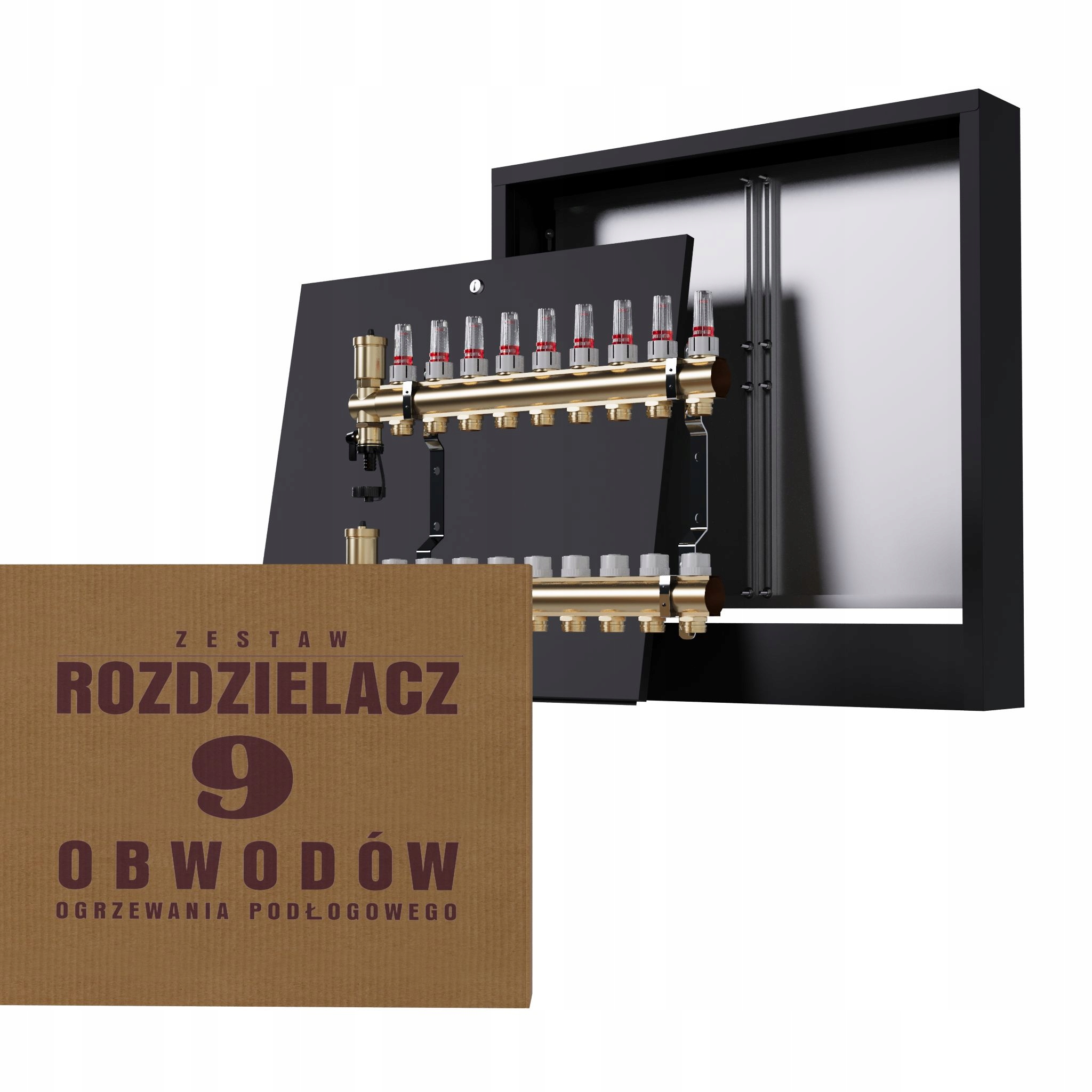 Rozdělovač na podlahu mosazný 9-okruhový a nástěnná skříňka černá