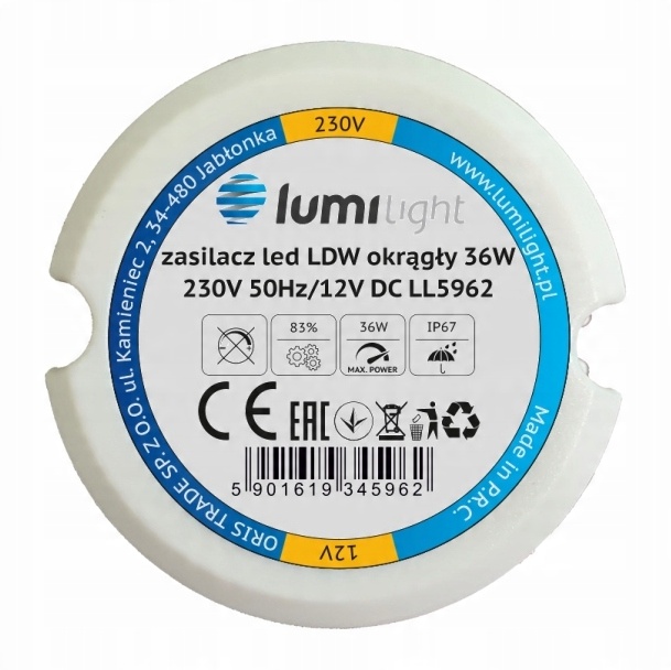 

Zasilacz Led Ldw Okrągły 36W 12V DC IP67 Puszka