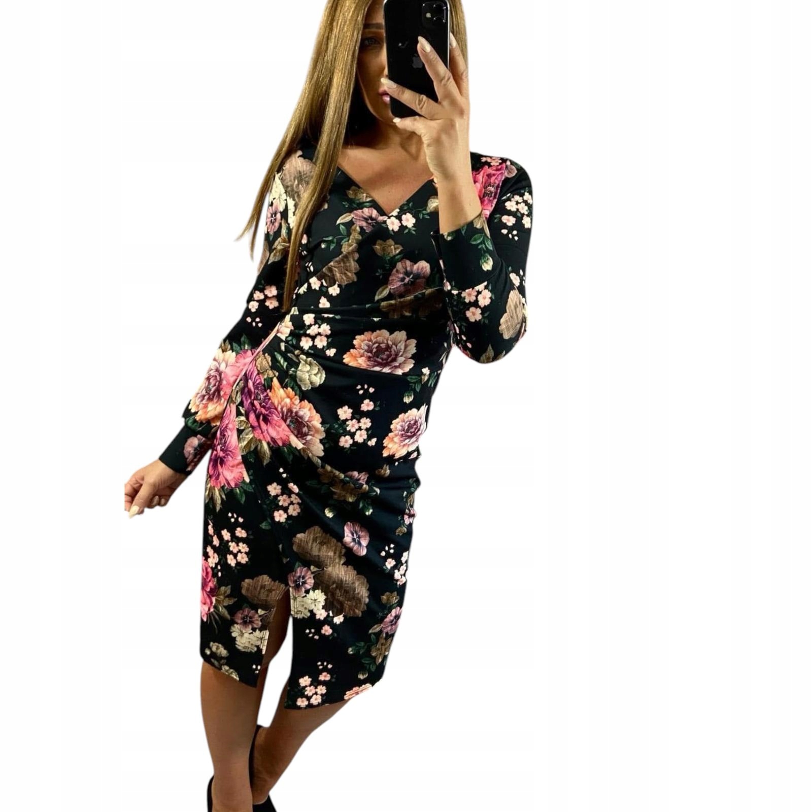 V761 Nová Kolekce Elegantní Šaty Obálková S Květinami 8 vel. 48 (4XL)