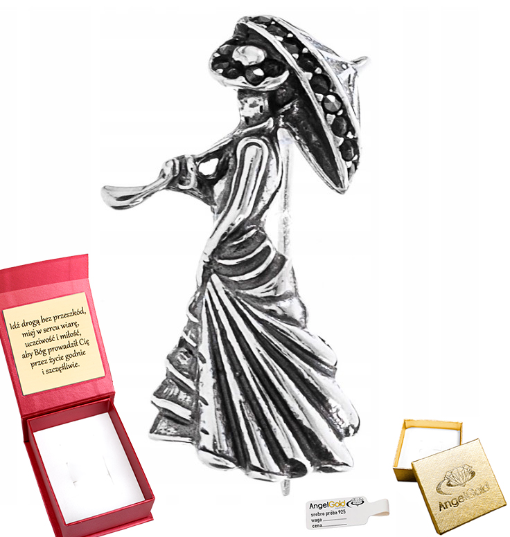 Elegantní Stříbrná Brož Dáma S Deštníkem PR.925