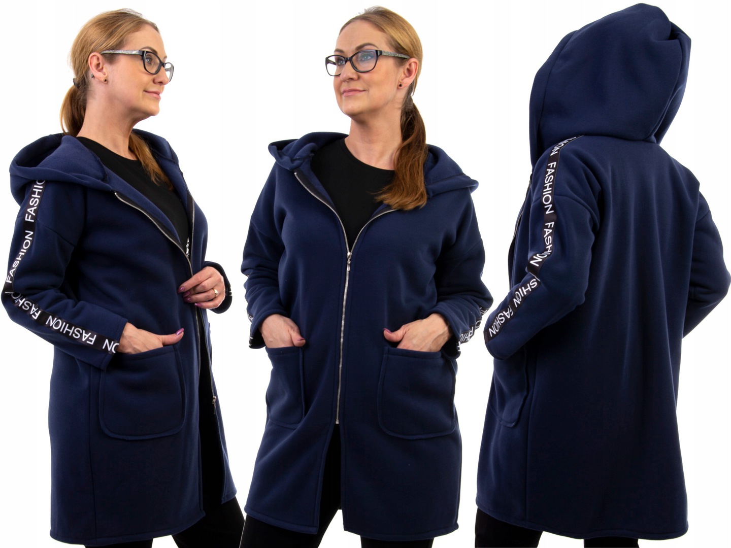 CIEPŁA MODNA BLUZA z LAMPASEM I KAPTUREM Rozm.46