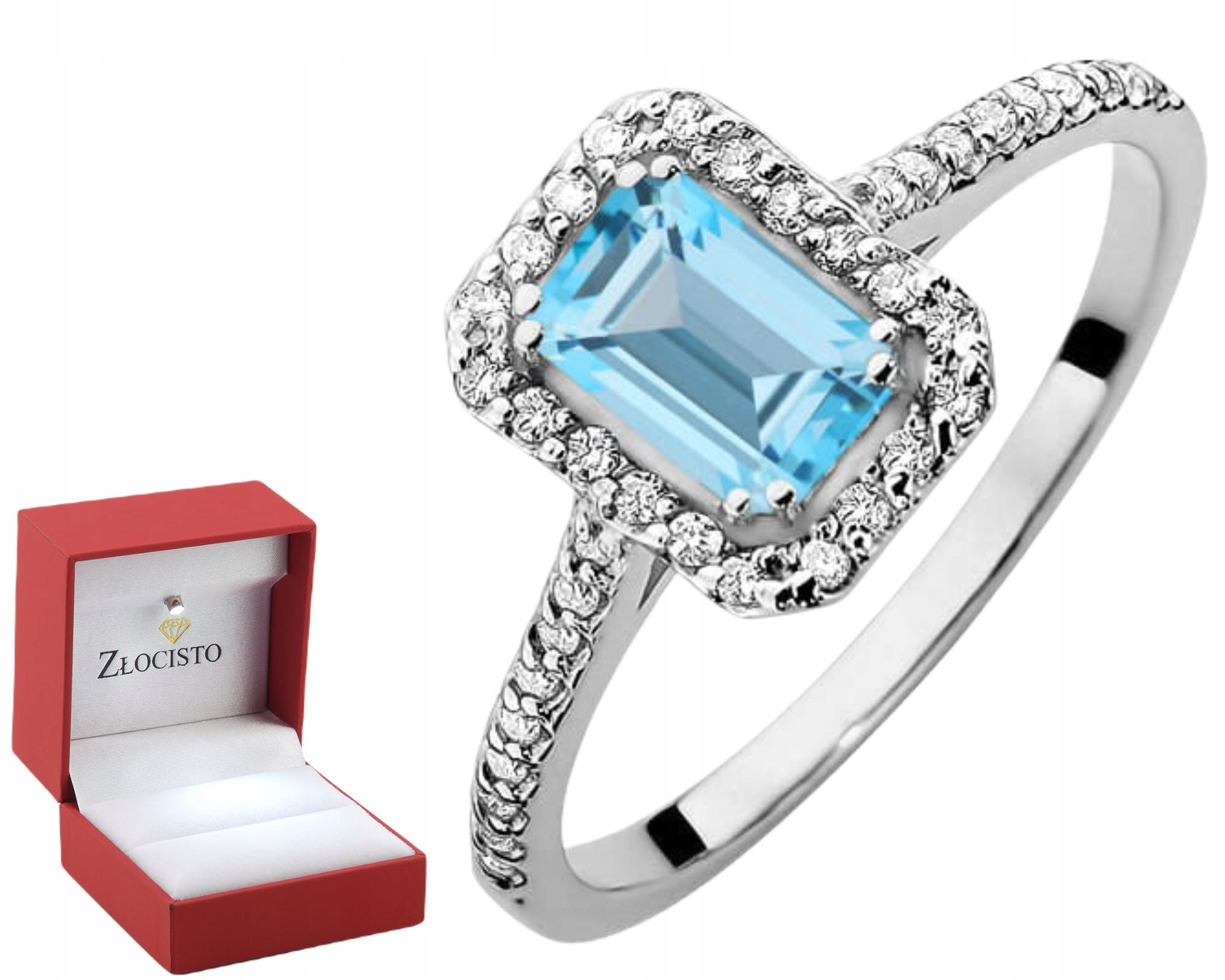 Białe Złoto Pierścionek Kamień Naturalny Niebieski Topaz Brylanty Diamenty