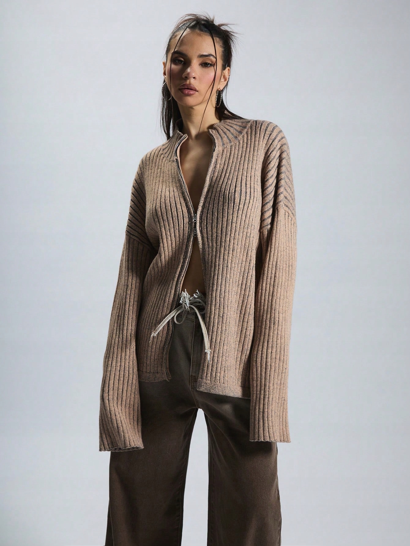 Kardigan Svetr Rozepínací Se Stojáčkem Hnědý Casual Musera Xs 34