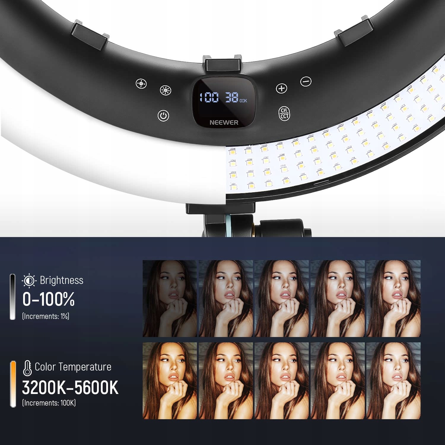 NEEWER 19 Cali Lampa Pierścieniowa Stojak 3 Uchwyt Telefonu 3200K-5600K — miniatura 4