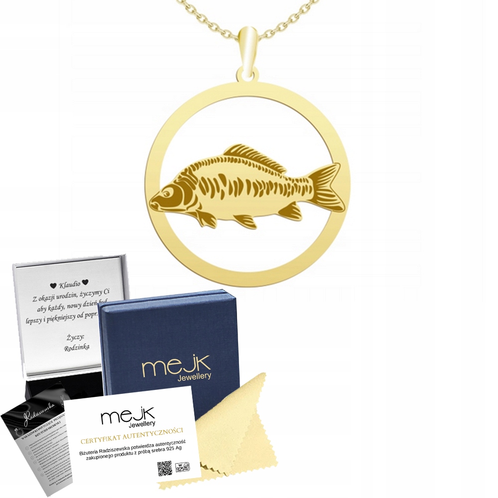 Zlatý náhrdelník s kaprem 925 Řetízek Žena Dárek Gravírování Bonus