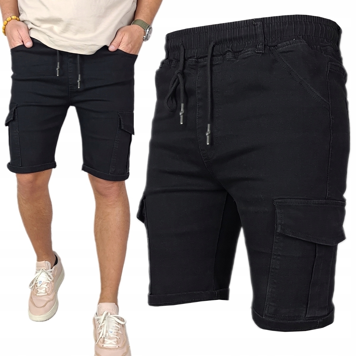 Spodenki męskie Czarne Jeansowe Bojówki krótkie spodnie Pas z Gumką 518 S