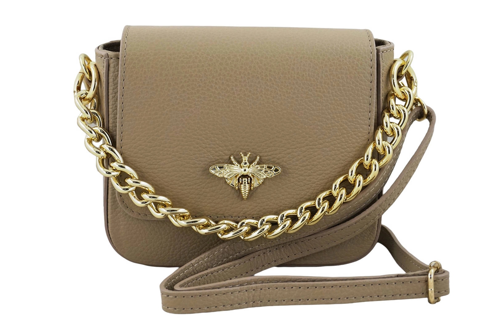 Módní dámská kožená kabelka přes rameno se zlatým řetízkem béžová