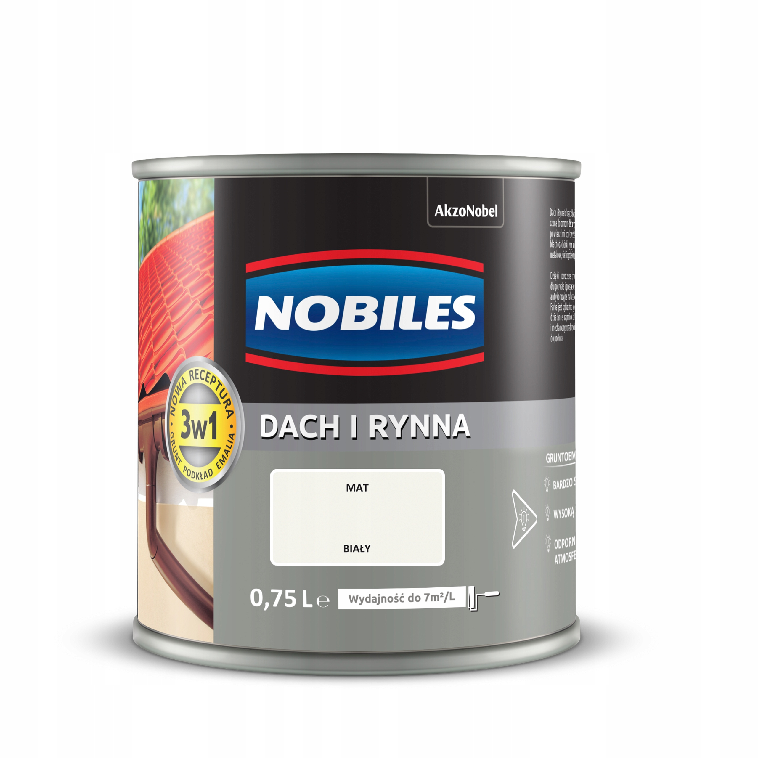 Nobiles Dach i Rynna Farba i Grunt Biała Mat 0,75L